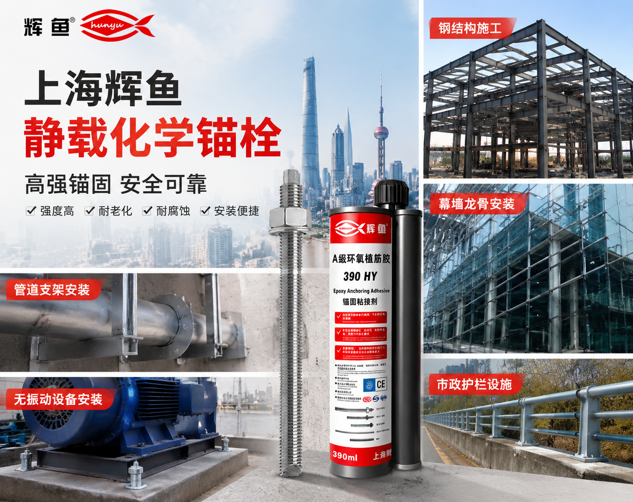 机房管线静载固定，上海辉鱼 HY 重型化学锚栓应用